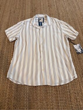 Tommy Bahama Short-Sleeve Camp Shirt in White and Beige Stripes